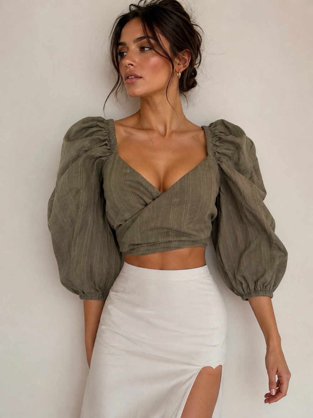 Shore Olive Puff-Sleeve Wrap Crop Top - Women's